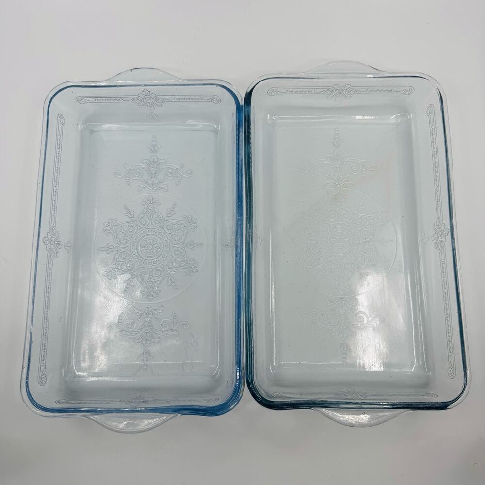 Vintage Fire King Small Glass Bakers Light Blue & Clear Glass w/ Embossed Flower